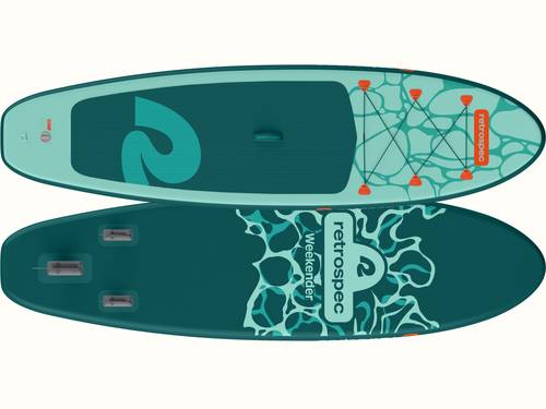 The Weekender Inflatable Stand Up Paddle Board showcasing the top and bottom stacked one on top of the other horizontally.