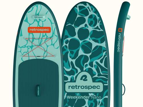 A teal and aqua inflatable stand-up paddleboard featuring a textured surface and "retrospec Weekender Nano" branding, with bungee cords for storage.