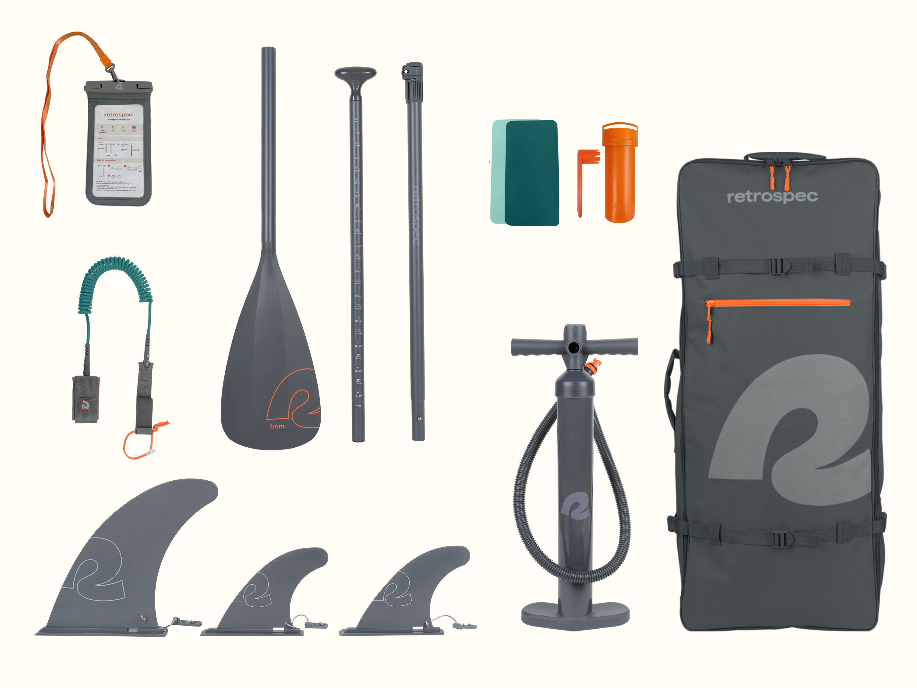 A collection of paddleboarding accessories including a paddle, fins, pump, dry bag, safety leash, and a repair kit.