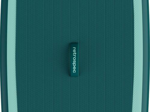 Close-up of a turquoise Weekender Nano Kids' Inflatable Stand Up Paddle Board deck featuring textured grip and a central "retrospec" logo, designed for stability and style.