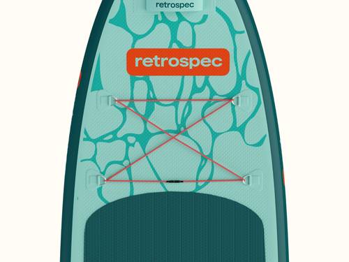 Top view of the teal and aqua Weekender Nano Kids' Inflatable Paddleboard featuring a wavy design and "retrospec" logo, with red bungee cords for gear storage.