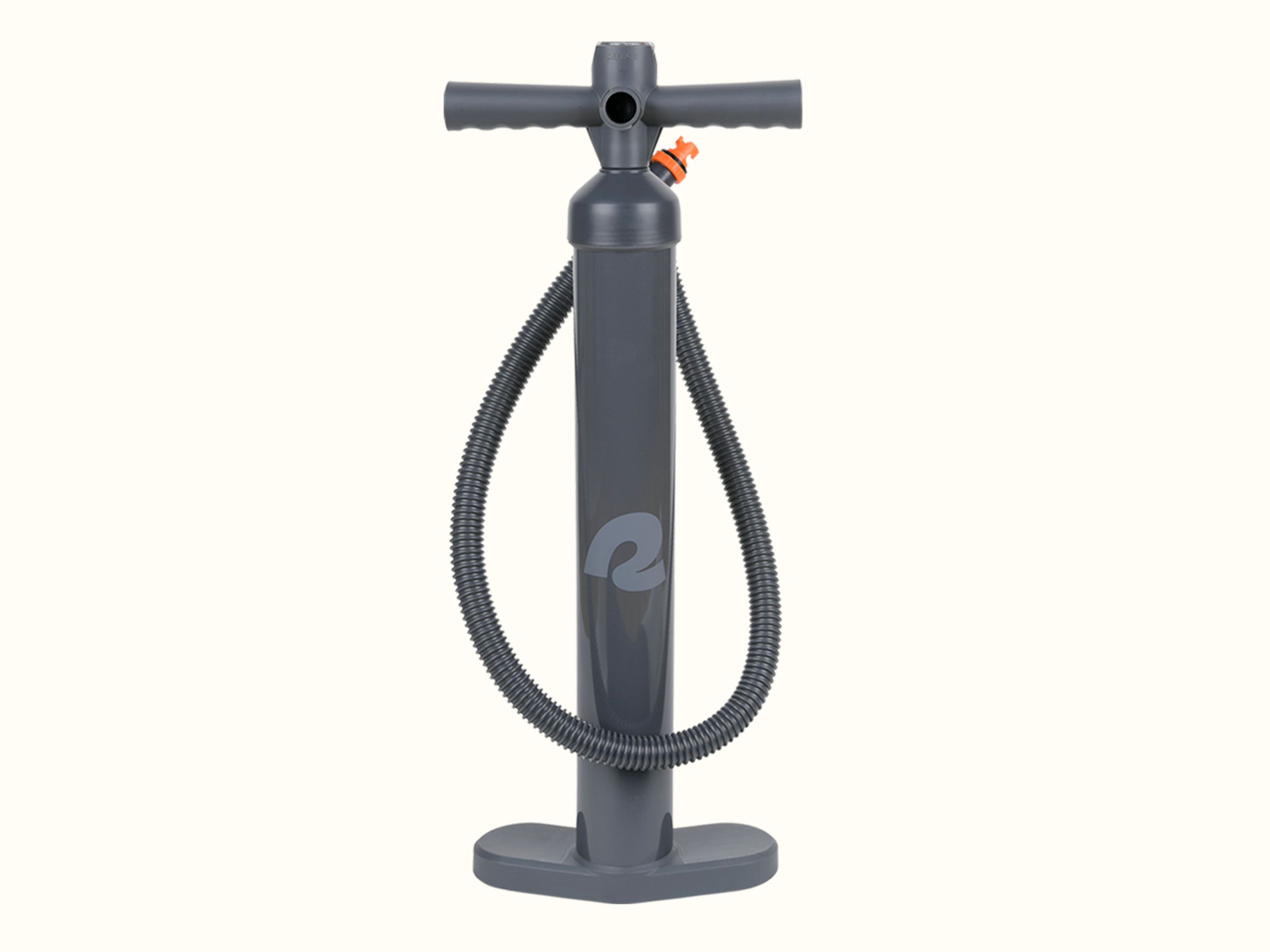 A gray pump with a sturdy base and flexible hose.