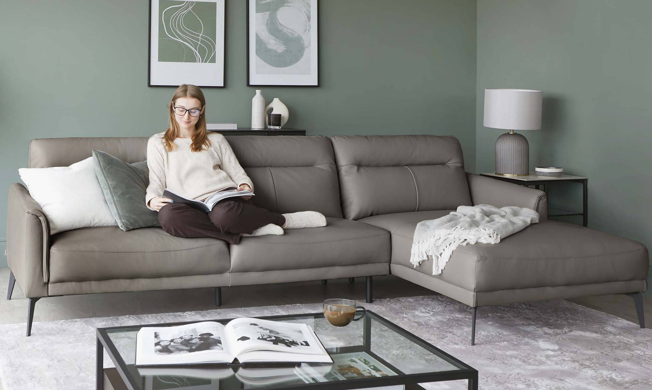 Brooks Dark Grey Leather Right Hand Corner Chaise Sofa by