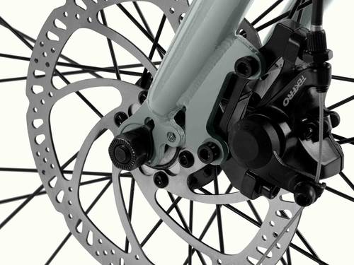 Closeup of the Tektro mechanical disc brakes.