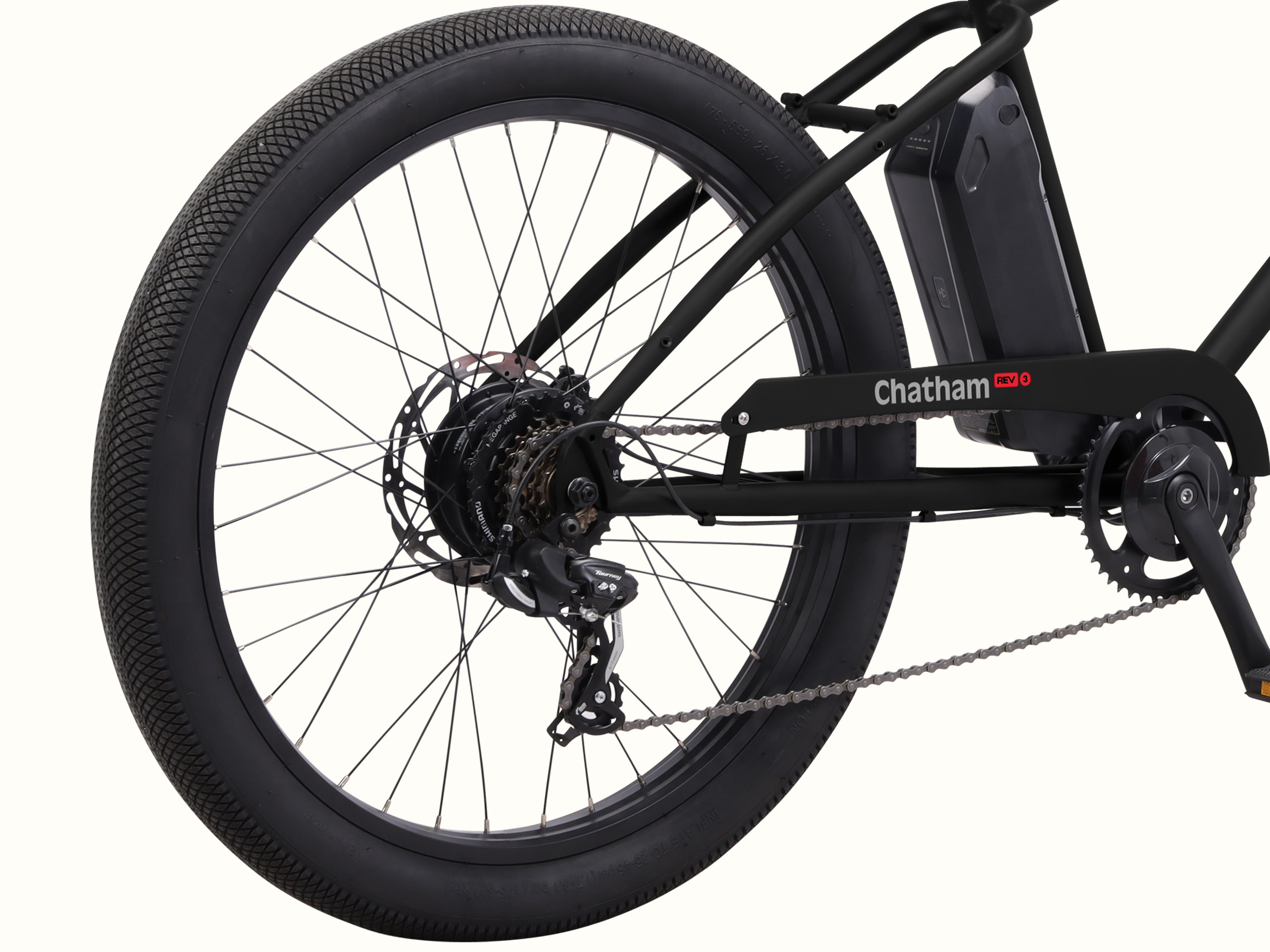 Close-up of the Chatham Rev 3 Beach Cruiser Electric Bike's removable rear wheel.