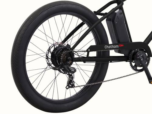 Close-up of the Chatham Rev 3 Beach Cruiser Electric Bike's removable rear wheel.