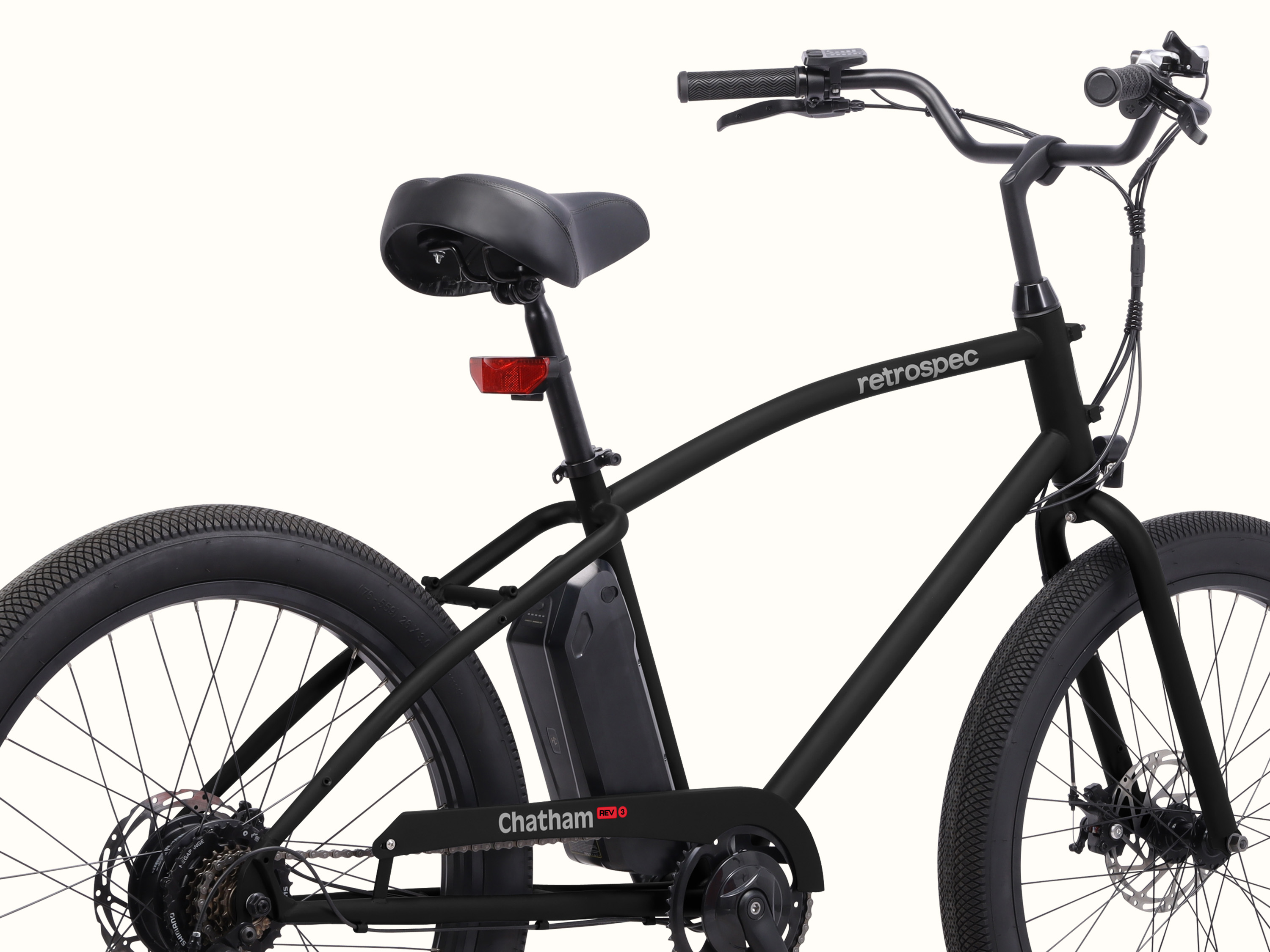 Close-up of the Chatham Rev 3 Beach Cruiser Electric Bike's frame.