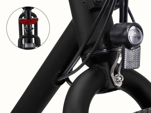Close-up of the Chatham Rev 3 Beach Cruiser Electric Bike's headlight and taillight.