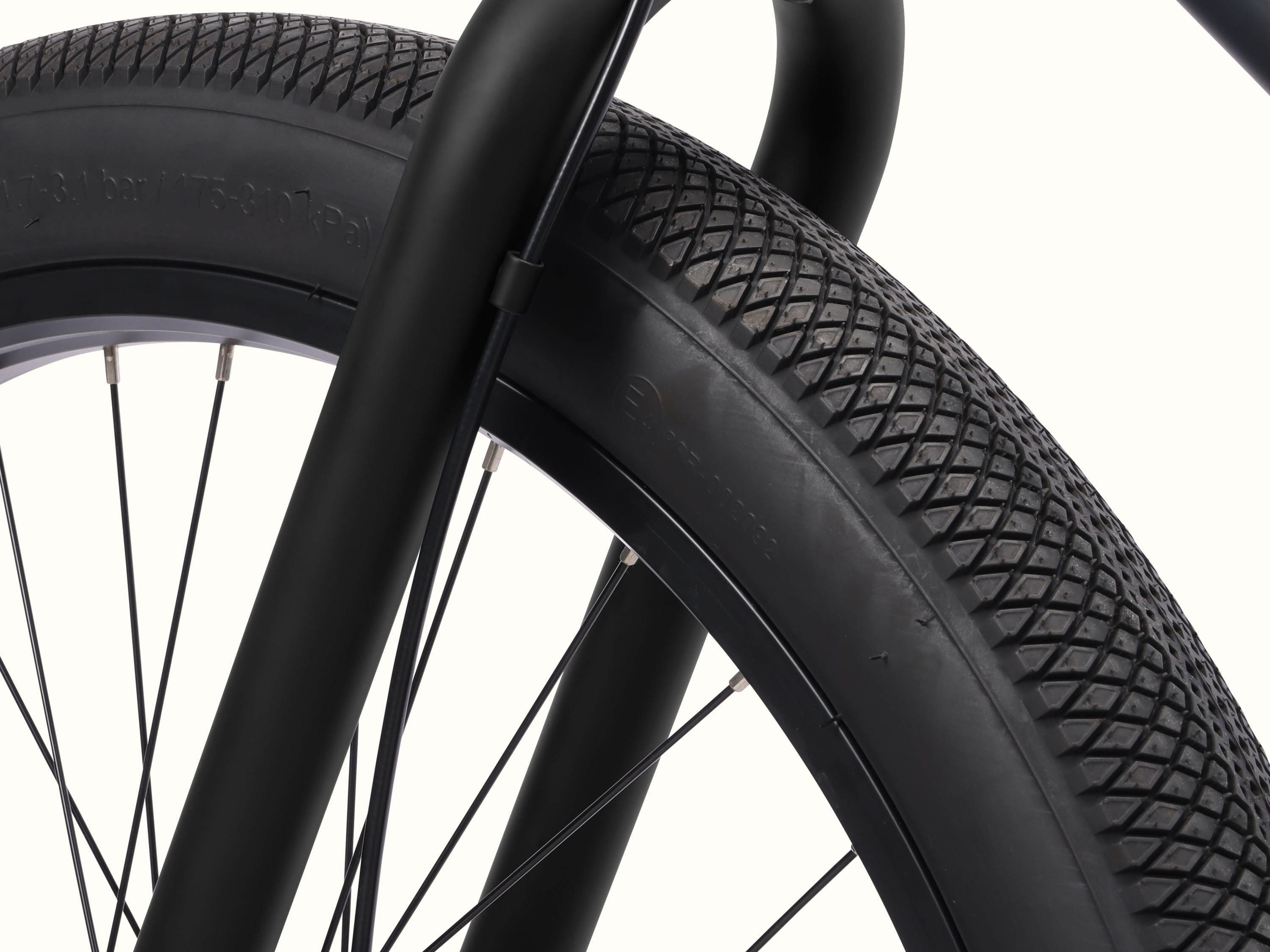 Close-up of the Chatham Rev 3 Beach Cruiser Electric Bike's tire highlighting its width and grip.