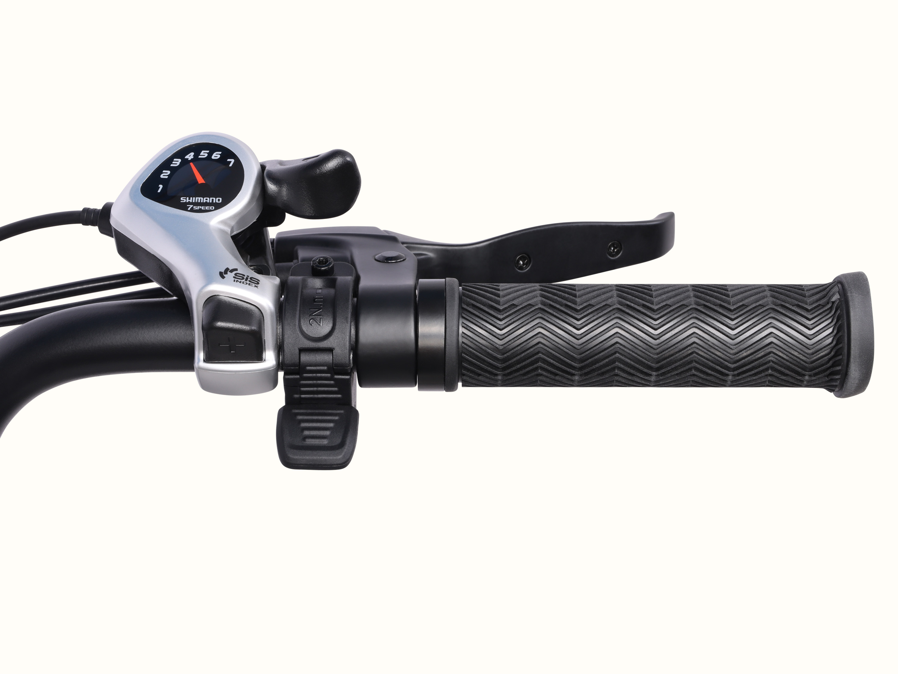 Close-up of the Chatham Rev 3 Beach Cruiser Electric Bike's handlebar grip and handbrake.