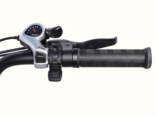 Close-up of the Chatham Rev 3 Beach Cruiser Electric Bike's handlebar grip and handbrake.