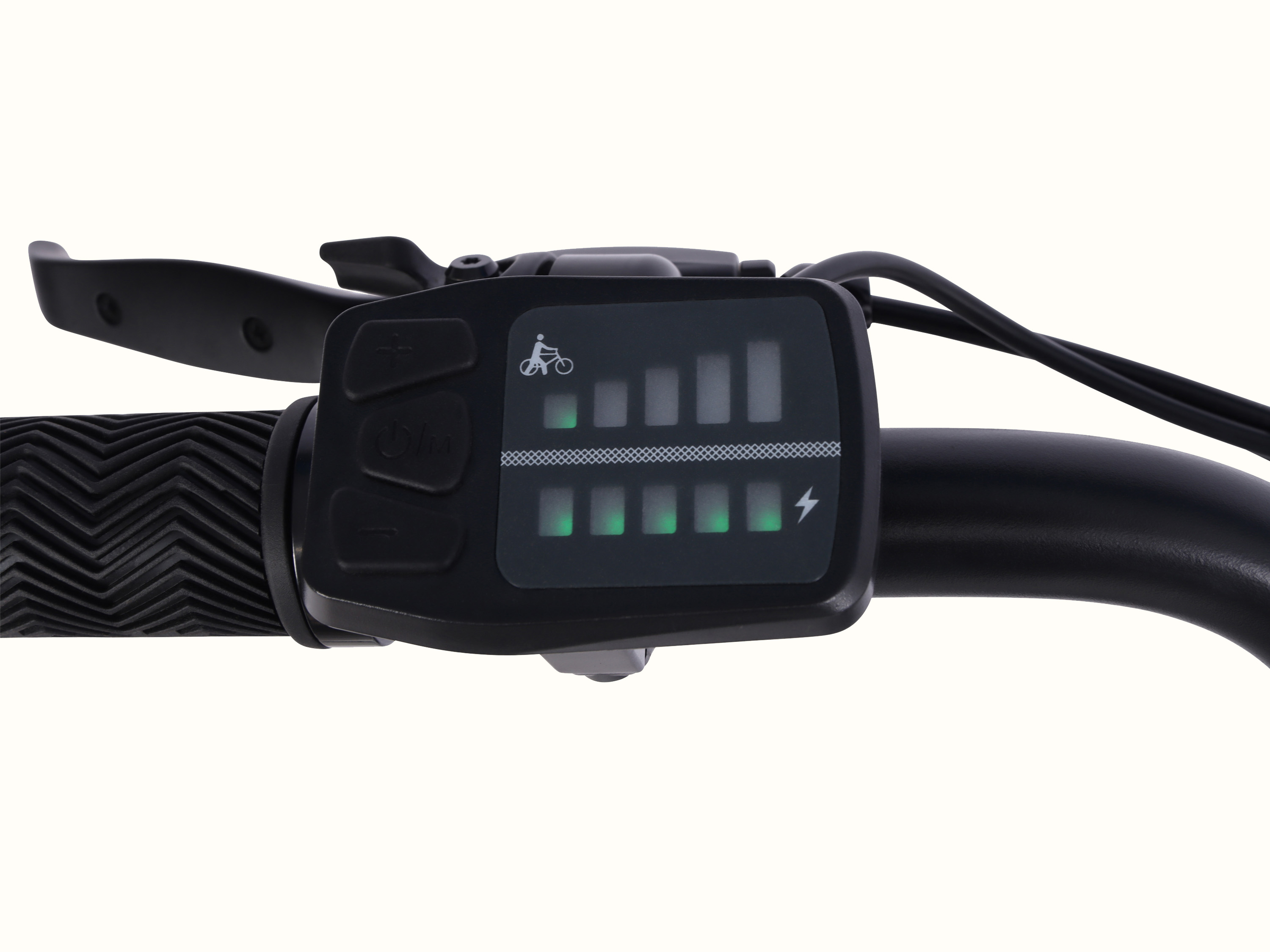 Close-up of the Chatham Rev 3 Beach Cruiser Electric Bike's LED display E-System on a white background.