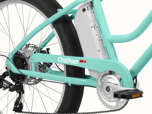 A close-up of the Seafoam Chatham Rev 3 Beach Cruiser Electric Bike's battery.