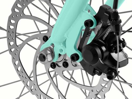 Close-up of disc brake system with a teal fork and black caliper.