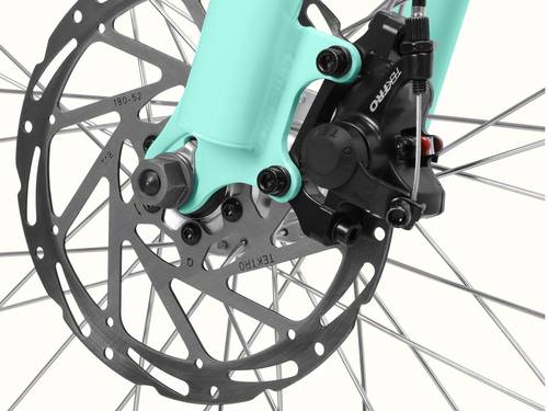 A close-up of the Seafoam Chatham Rev 3 Beach Cruiser Electric Bike's Tektro mechanical disc brakes.
