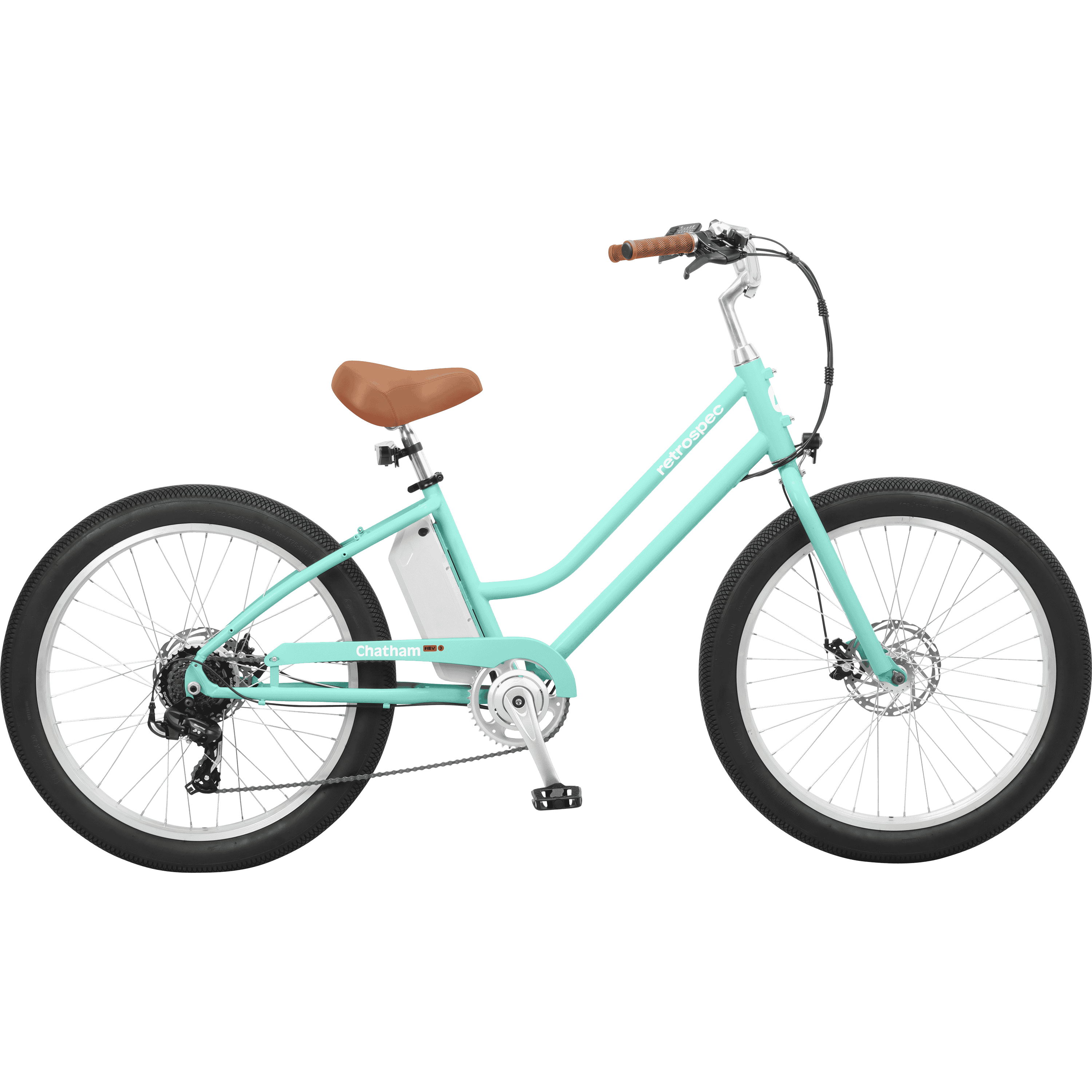 The seafoam Chatham Rev 3 Beach Cruiser Electric Bike with no background.