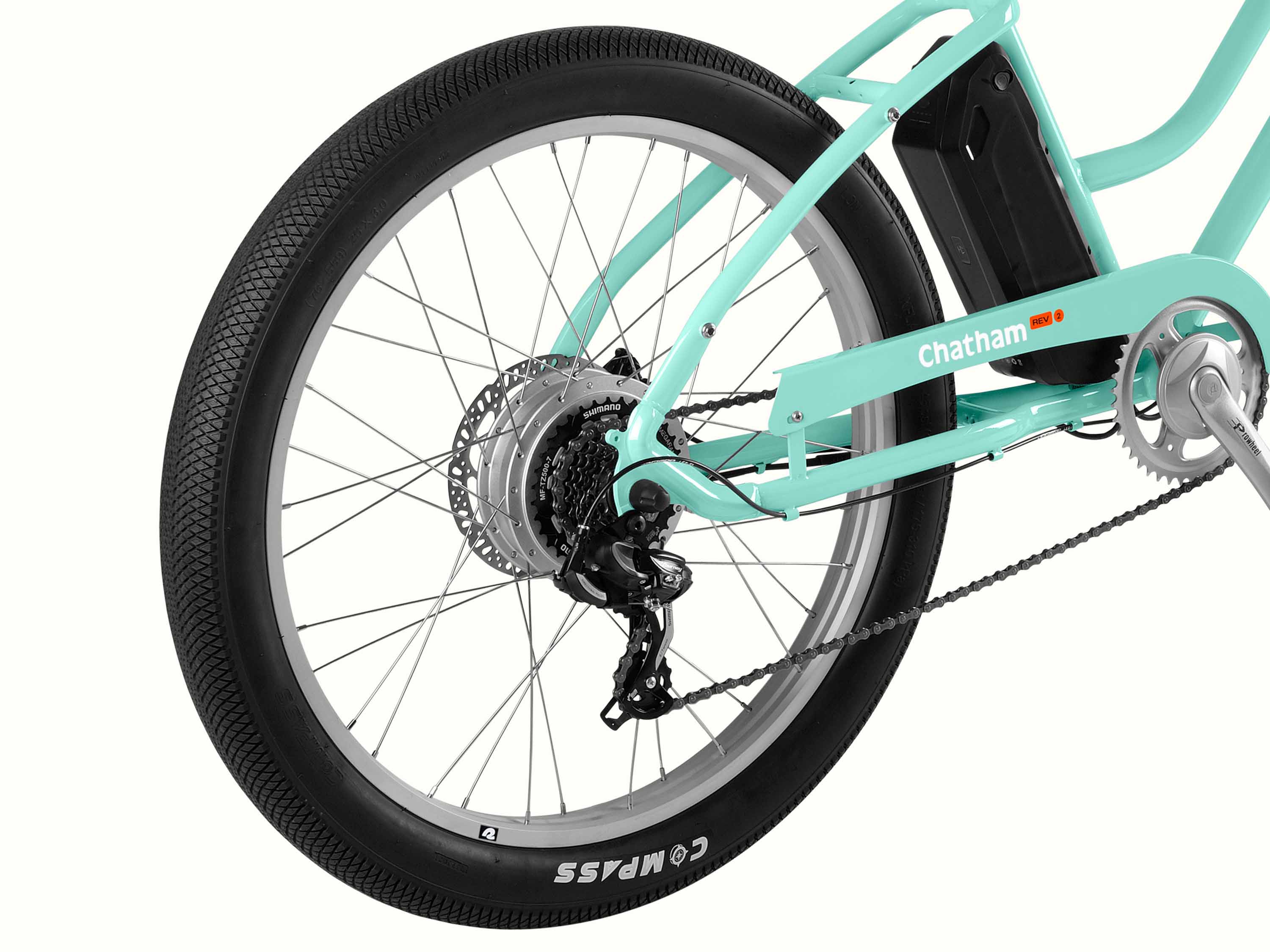 Close-up of a teal electric bicycle's rear wheel with a focus on chain and gear mechanism.