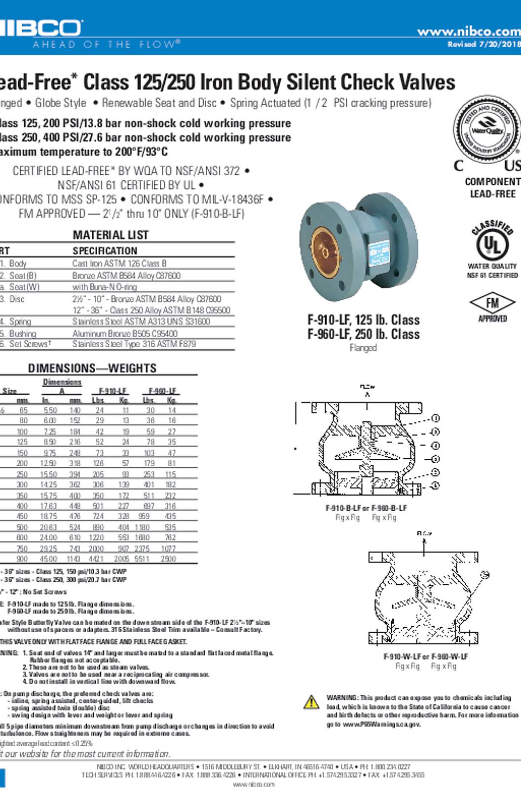 NIBCO F910B-LF Silent Check Valve Lead-Free*, Class 125, Flanged, Bronze Se