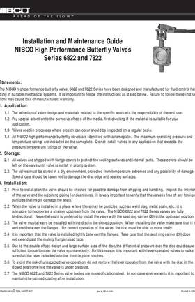 NIBCO High Performance Butterfly Valves Series 6822 & 7822 Installation & Maintenance Guide