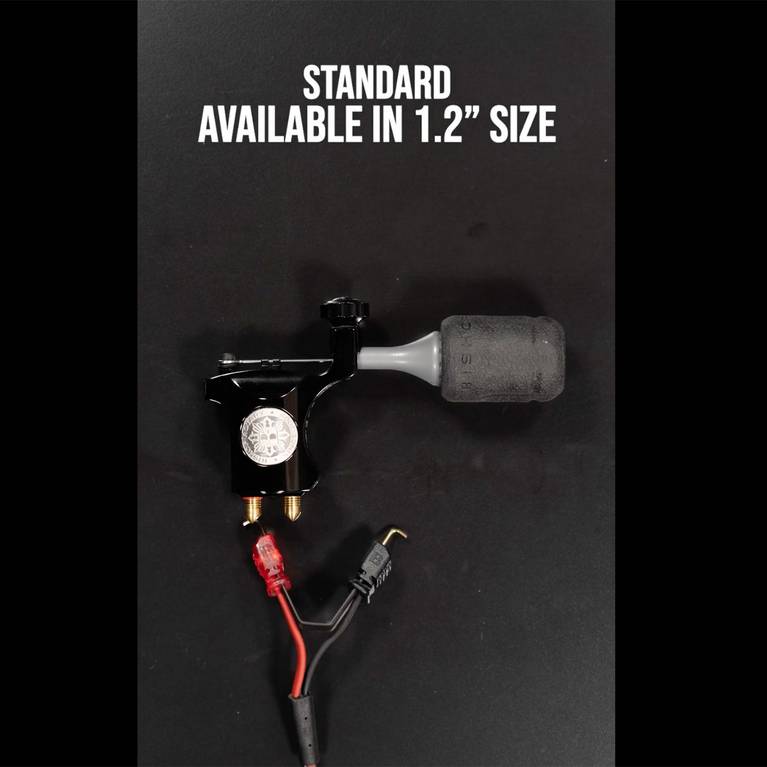 Tattoo machine with 1.2" grip and power cables.