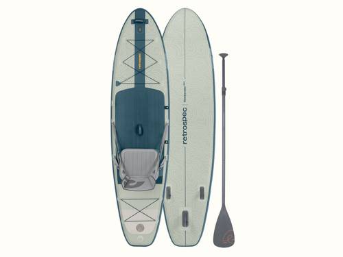 An top and bottom view of the Weekender Plus Inflatable Paddle Board Kayak Hybrid with a gray seat, navy accents, and paddle beside it, featuring a topographic design.