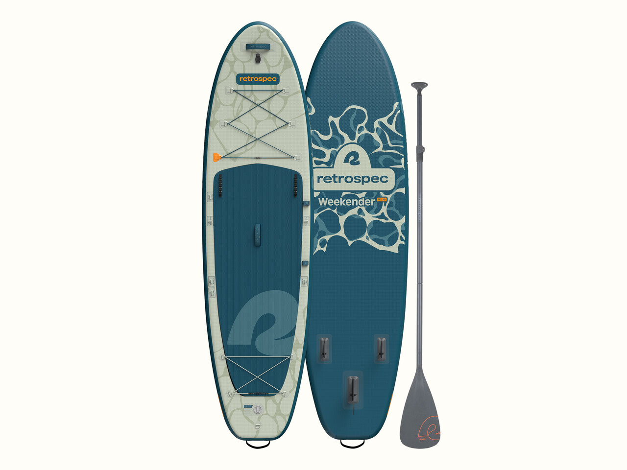 An top and bottom view of the Weekender Plus Inflatable Paddle Board Kayak Hybrid with a paddle beside it, featuring a water ripple design.