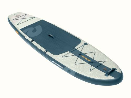 An overhead view of the Weekender Plus Inflatable Stand Up Paddle Board Kayak Hybrid with a textured deck and a geometric design in soft colors, featuring a black criss cross bungees at the front and rear for storage.