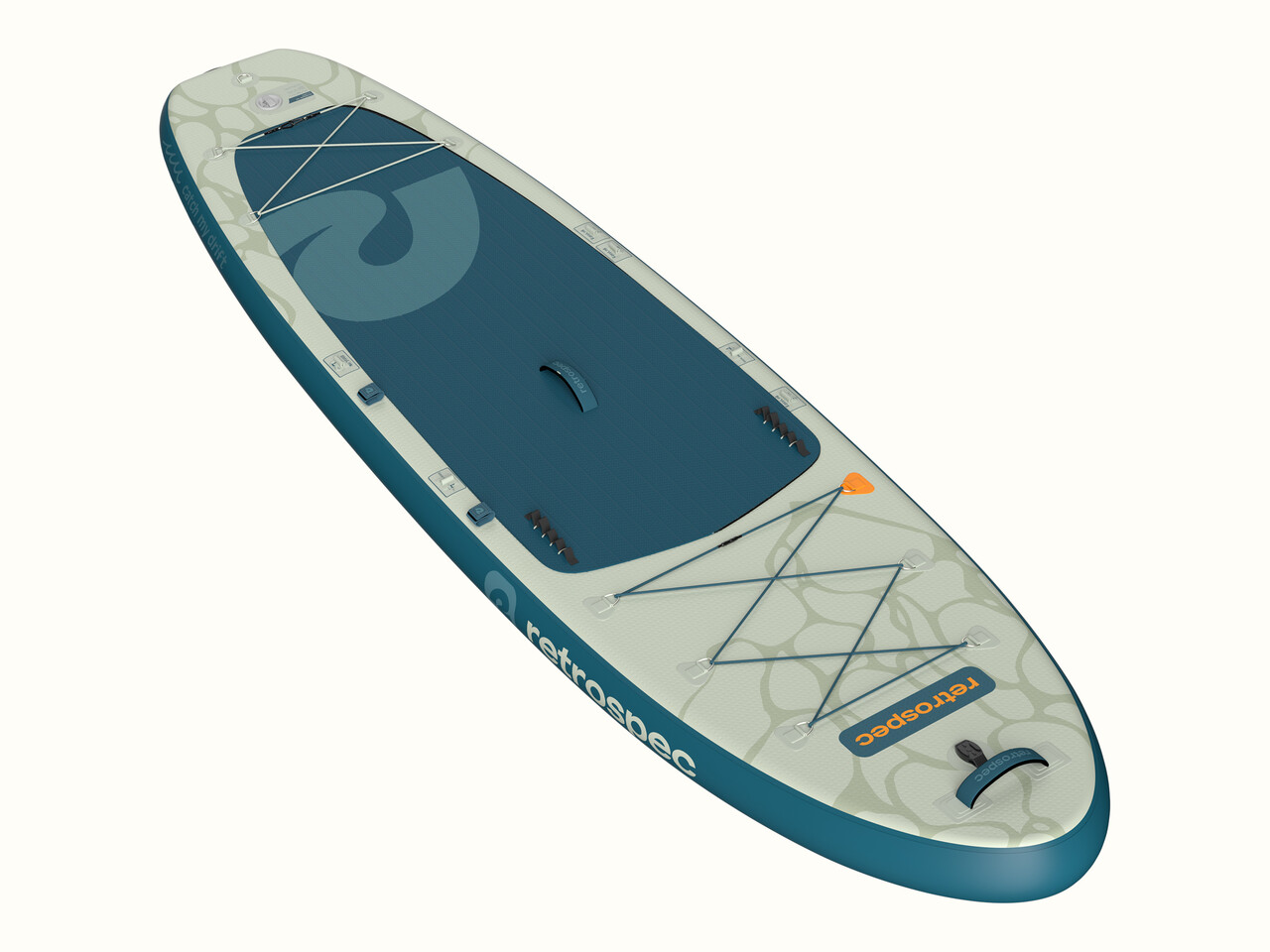 An overhead view of the Weekender Plus Inflatable Stand Up Paddle Board Kayak Hybrid with a textured deck, featuring crisscross bungees at the front and rear for storage.