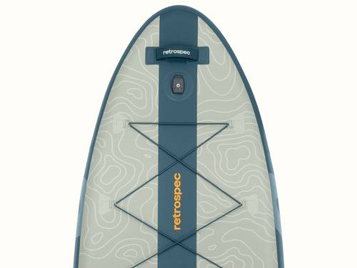 Top view of the Weekender Plus Inflatable Stand Up Paddle Board Kayak Hybrid featuring a light contour design, bungee storage area, and a central handle for easy carrying.