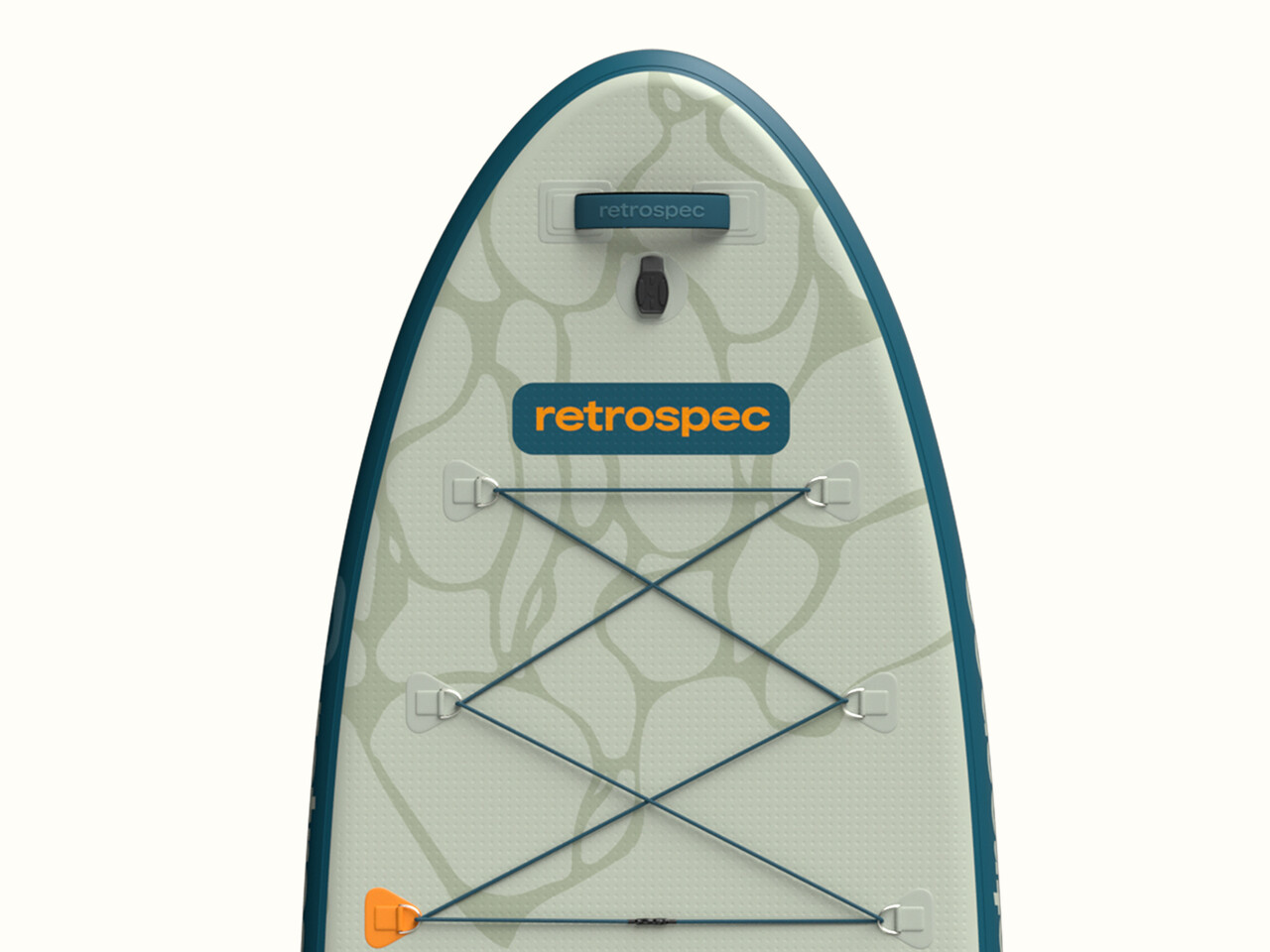 Top view of the Weekender Plus Inflatable Stand Up Paddle Board Kayak Hybrid featuring a light contour design, bungee storage area, and a central handle for easy carrying.