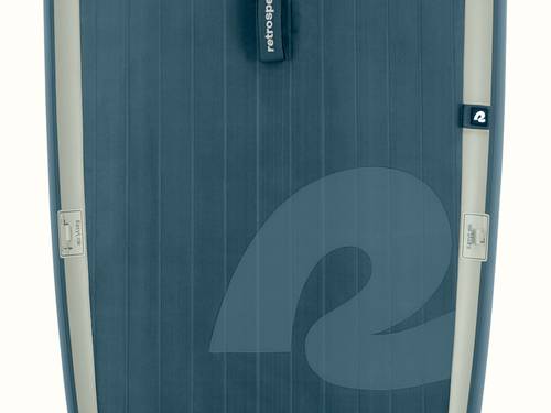 Top view of the sleek, dark blue textured surface of the Weekender Plus Inflatable Stand Up Paddle Board Kayak Hybrid featuring white accents and an EasyLink attachment system visible.