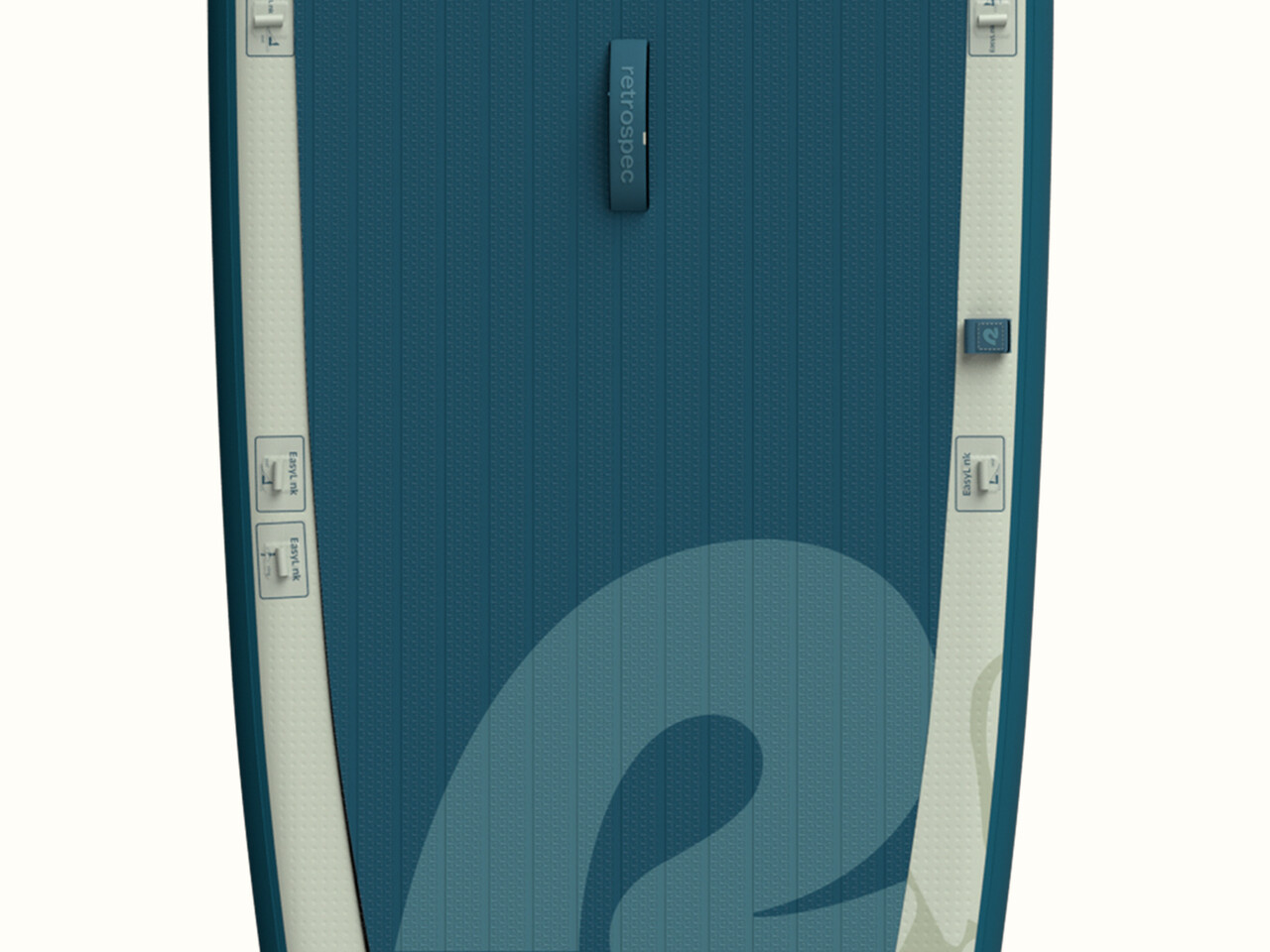 Top view of the sleek, dark blue textured surface of the Weekender Plus Inflatable Stand Up Paddle Board Kayak Hybrid featuring white accents and an EasyLink attachment system visible.