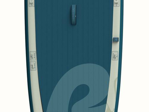 Top view of the sleek, dark blue textured surface of the Weekender Plus Inflatable Stand Up Paddle Board Kayak Hybrid featuring white accents and an EasyLink attachment system visible.