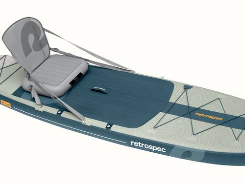 A close-up of the Weekender Plus Inflatable Stand Up Paddleboard Kayak Hybrid featuring a removable gray seat and a textured surface for grip, set against a neutral background.