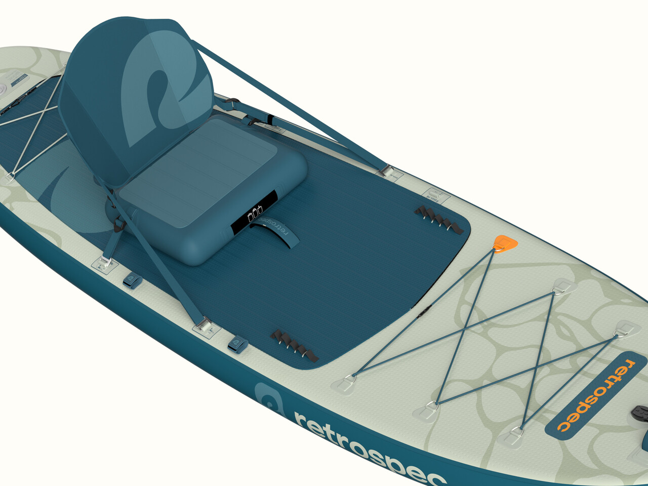 A close-up of the Weekender Plus Inflatable Stand Up Paddleboard Kayak Hybrid featuring a removable seat and a textured surface for grip, set against a neutral background.