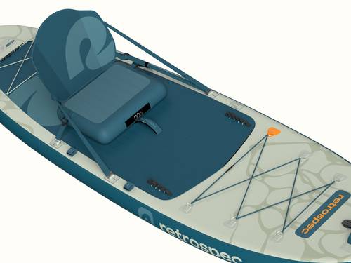 A close-up of the Weekender Plus Inflatable Stand Up Paddleboard Kayak Hybrid featuring a removable seat and a textured surface for grip, set against a neutral background.