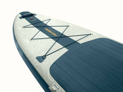 Close-up of the nose of the Weekender Plus Inflatable Stand Up Paddle Board Kayak Hybrid featuring a topographical design, dark blue accents, bungee cords, a yellow "retrospec" logo and textured footpad for grip.