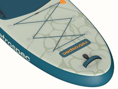 Close-up of the nose of the Weekender Plus Inflatable Stand Up Paddle Board Kayak Hybrid featuring bungee cords, a yellow "retrospec" logo and textured footpad for grip.