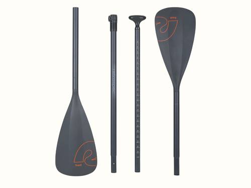 Four pieces of a modular kayak paddle, featuring a large blade with an orange "retrospec" logo and adjustable shaft for customizable length.