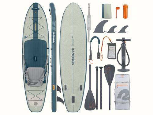 The full kit for the Weekender Plus Inflatable Stand Up Paddle Board Kayak Hybrid showcases the top, bottom and side of the board with the included accessories; paddle, fins, a pump, cell phone case, leash, carry strap, and backpack.