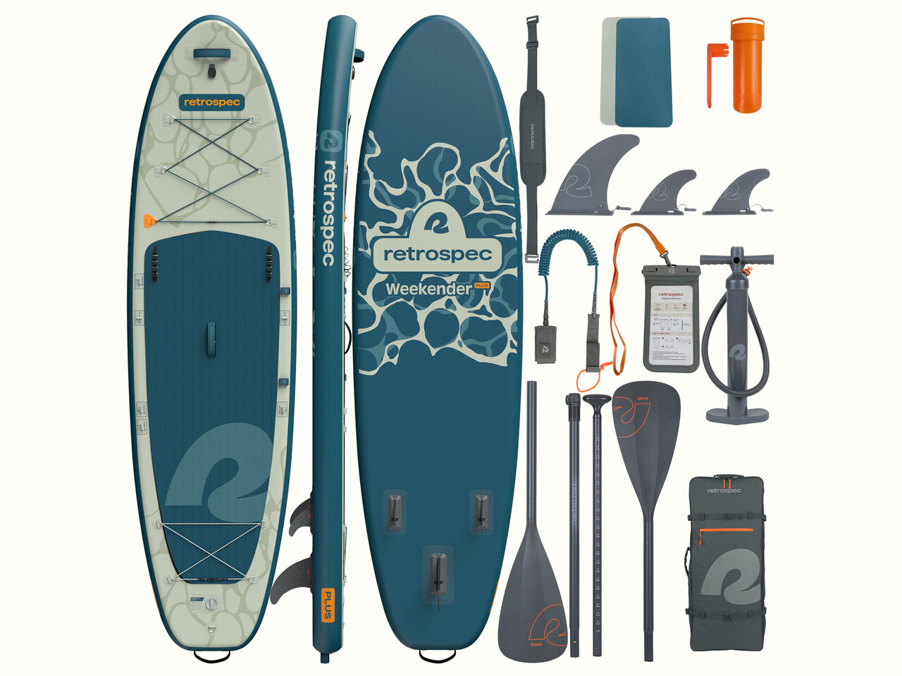The full kit for the Weekender Plus Inflatable Stand Up Paddle Board Kayak Hybrid showcases the top, bottom and side of the board with the included accessories; paddle, fins, a pump, cell phone case, leash, carry strap, and backpack.