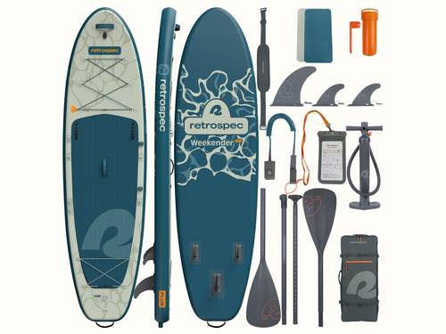 The full kit for the Weekender Plus Inflatable Stand Up Paddle Board Kayak Hybrid showcases the top, bottom and side of the board with the included accessories; paddle, fins, a pump, cell phone case, leash, carry strap, and backpack.