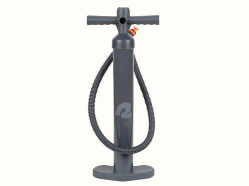 A gray floor pump with a round base, a T-shaped handle, and a flexible hose, ideal for inflating various items.