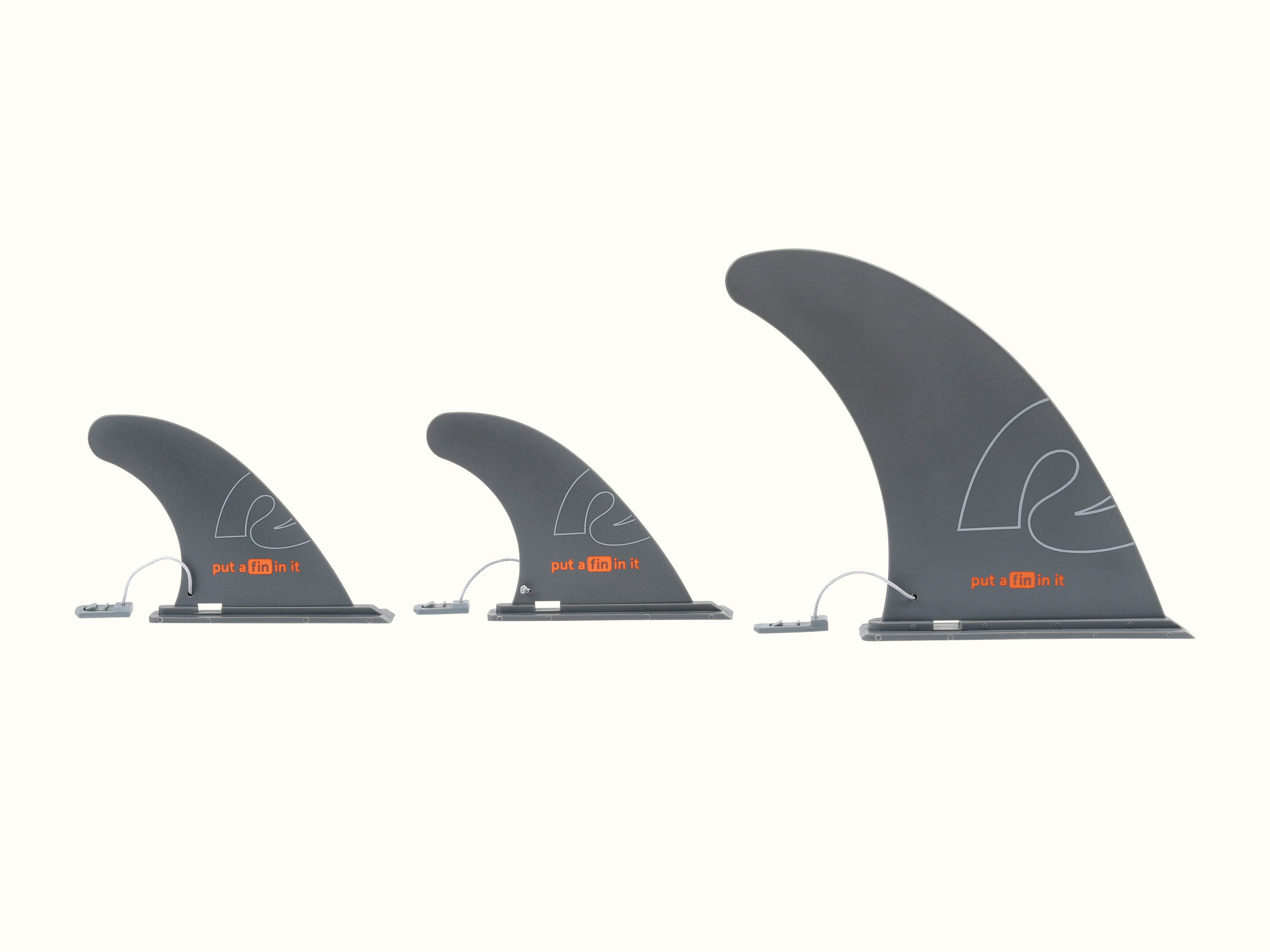 Three paddle board fins of varying sizes, all featuring a sleek design and the text 
