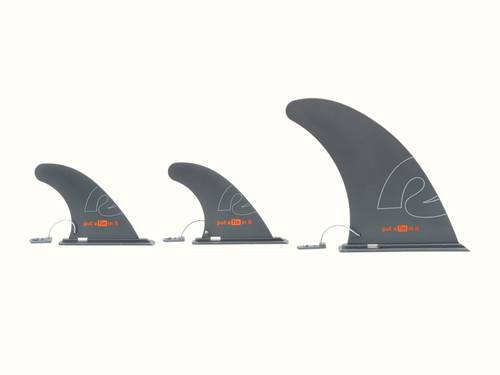 Three paddle board fins of varying sizes, all featuring a sleek design and the text "put a fin in it" in orange.