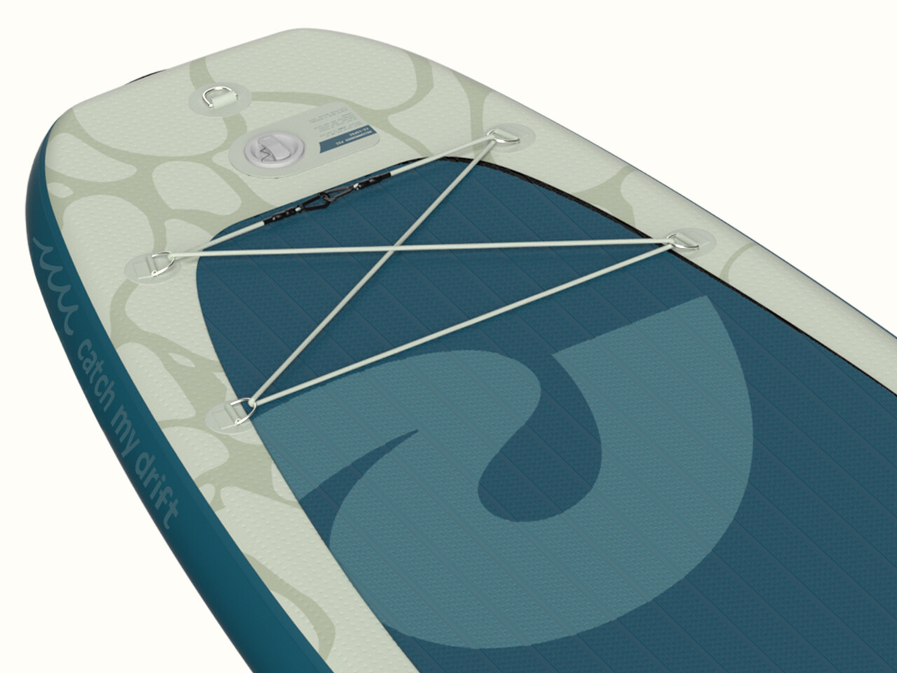 Close-up of the Weekender Plus Inflatable Stand Up Paddle Board Kayak Hybrid's tail featuring a stylish blue design, with elastic bungee straps for gear storage and D-rings for additional attachment points.