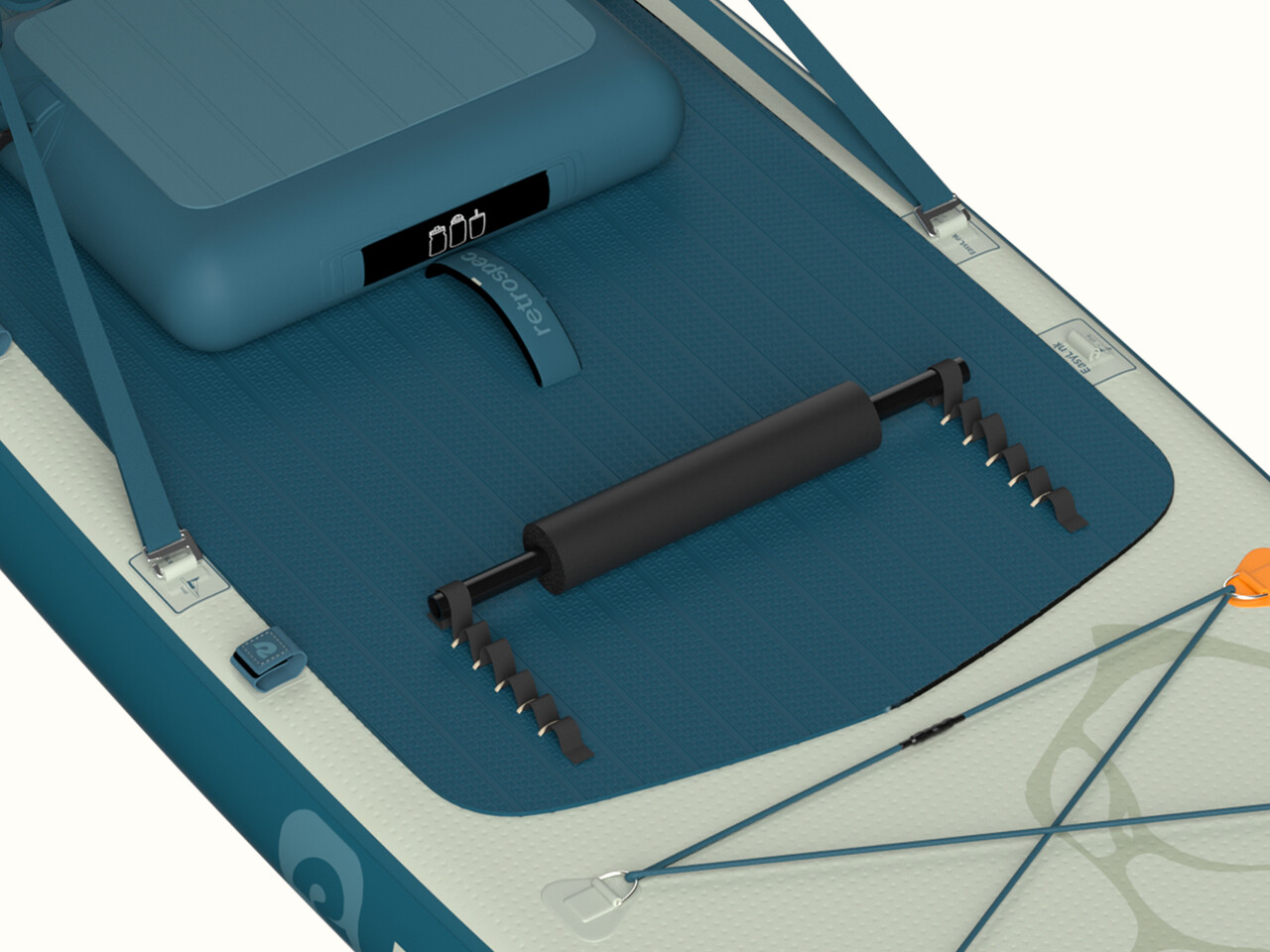 A close-up of the adjustable footrest on the Weekender Plus Inflatable Stand Up Paddle Board Kayak Hybrid.