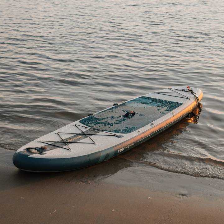 An Weekender Plus Inflatable Stand Up Paddle Board Kayak Hybrid 10'6" rests on the shore, partially in calm water, reflecting soft evening light. Gentle waves lap at the sand.