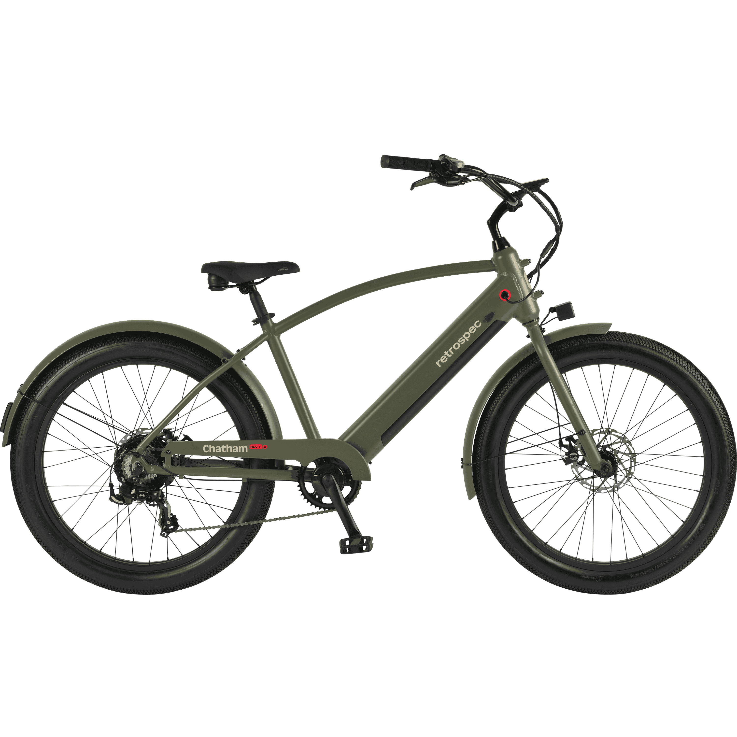 Chatham Rev+ 2 Step-Over Cruiser Electric Bike in Matte Olive with fenders, a black seat and handlebars.