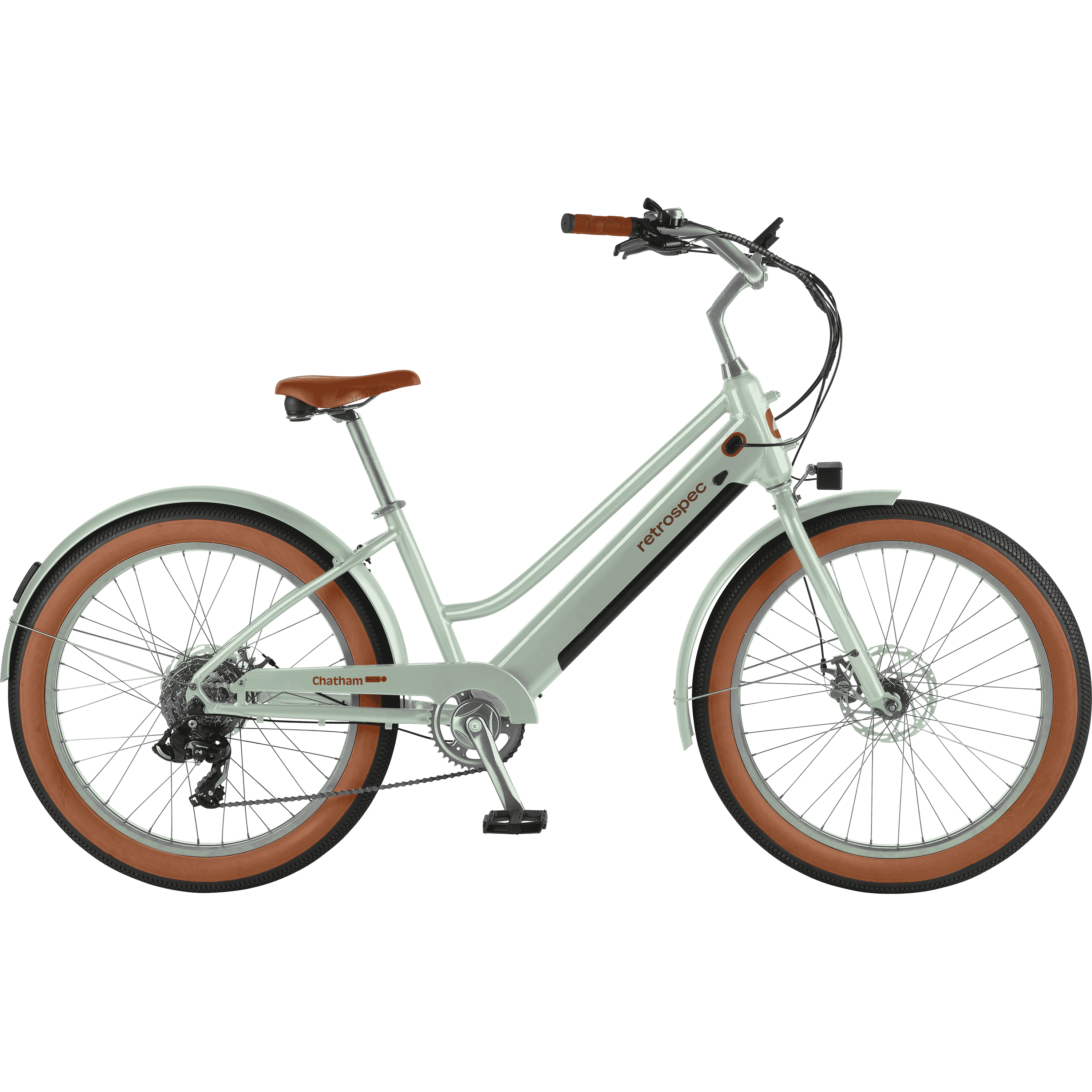 A Chatham Rev+ 2 Beach Cruiser Electric Bike Step Through in the color matcha with no background.